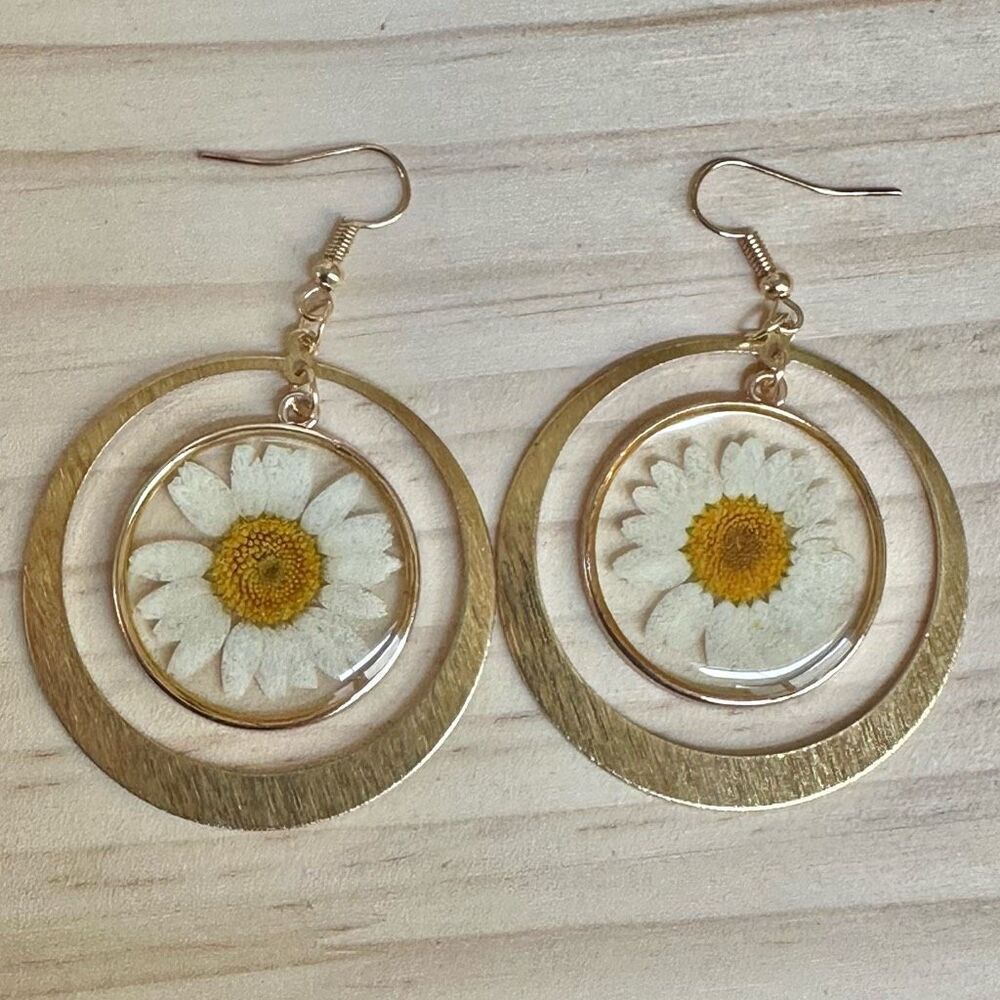 Real Pressed Daisy Resin Earrings in Gold Tone Circles